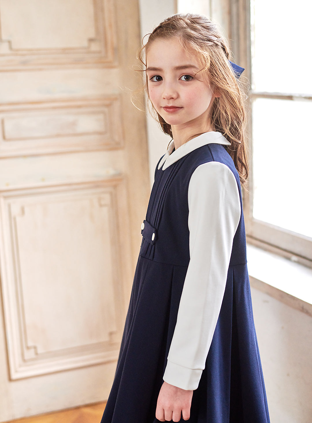 K9095 - Navy and white faux layered dress