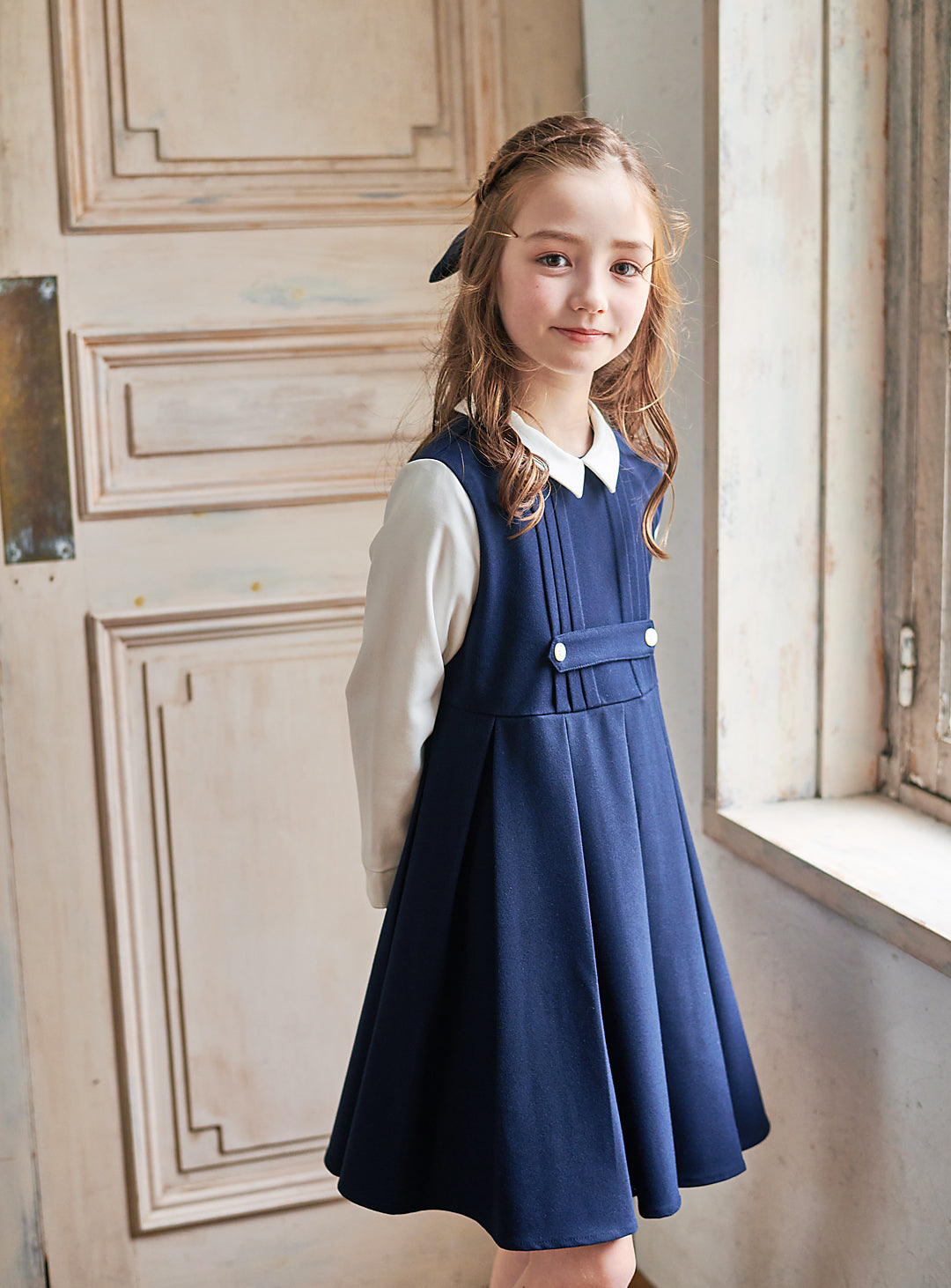 K9095 - Navy and white faux layered dress