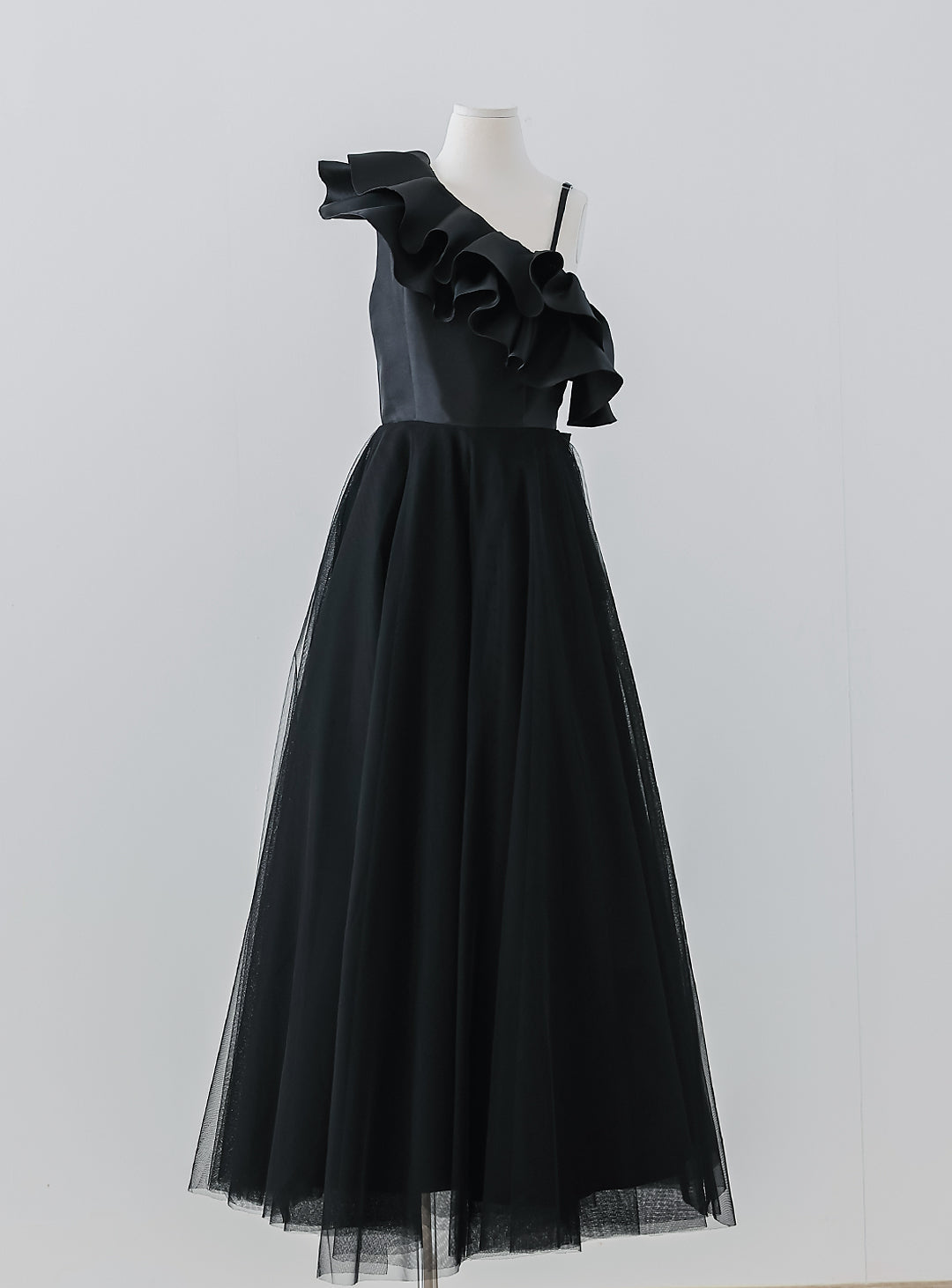 Black Frilled Mikado Satin One Shoulder Dress