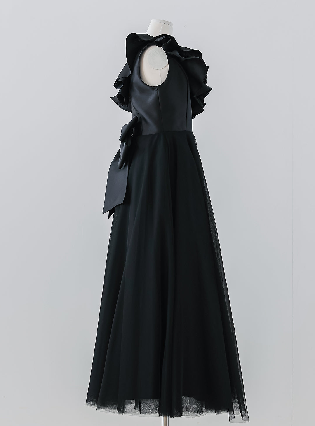 Black Frilled Mikado Satin One Shoulder Dress