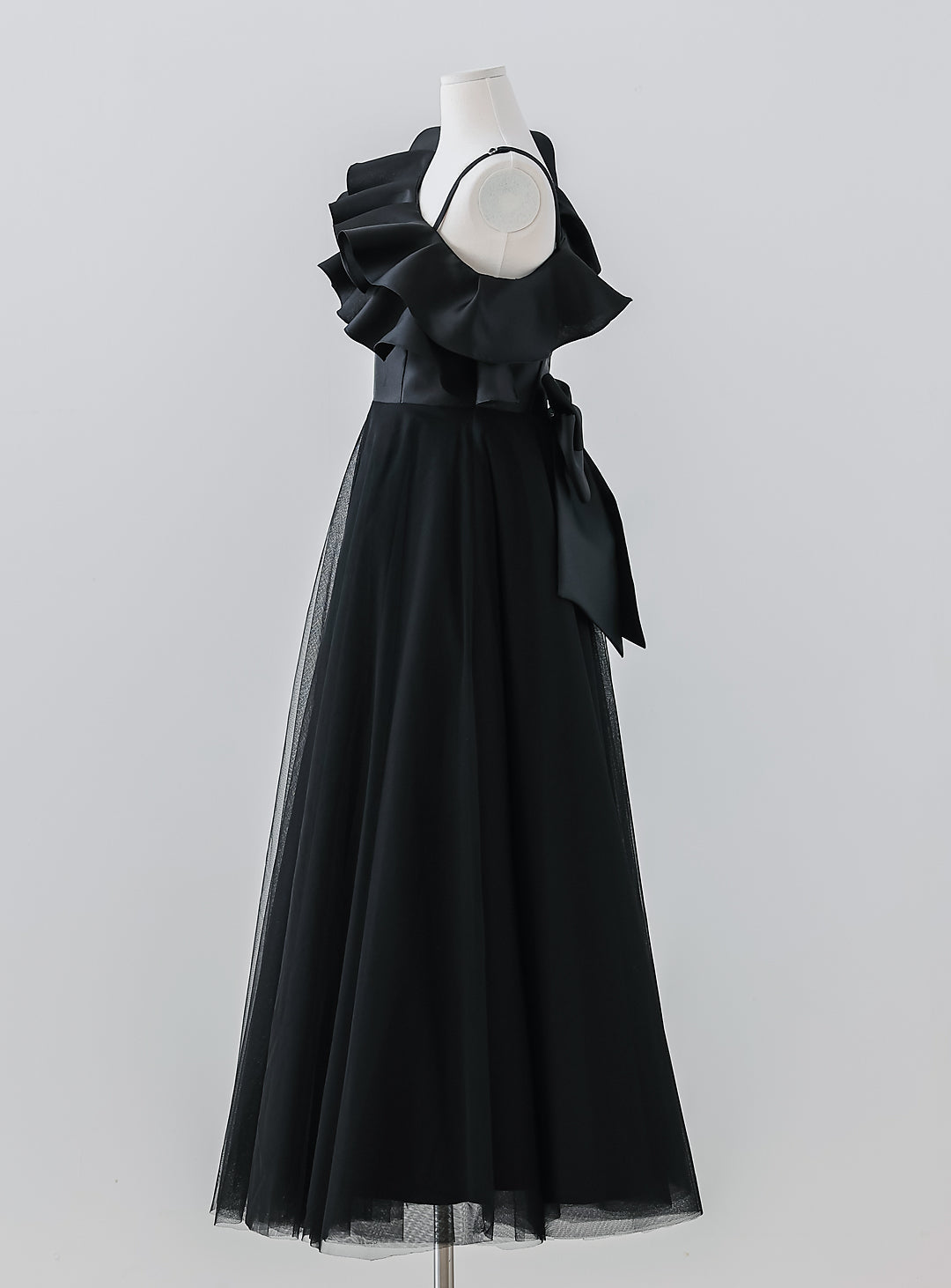 Black Frilled Mikado Satin One Shoulder Dress