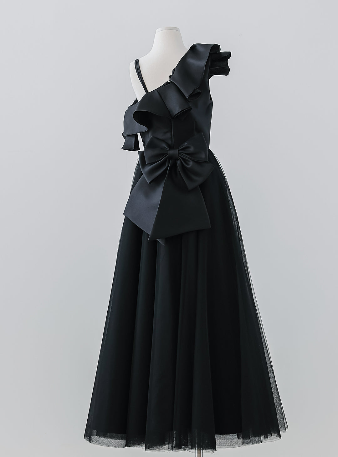 Black Frilled Mikado Satin One Shoulder Dress