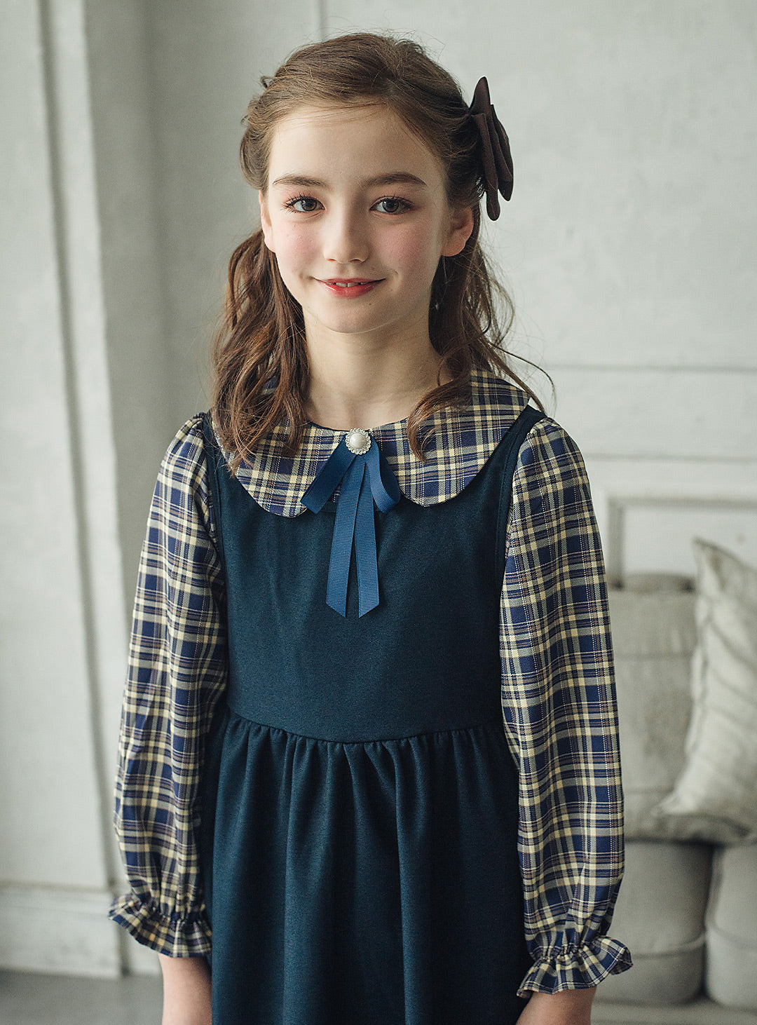 チェックブラウス×ジャンパースカートセットアップ