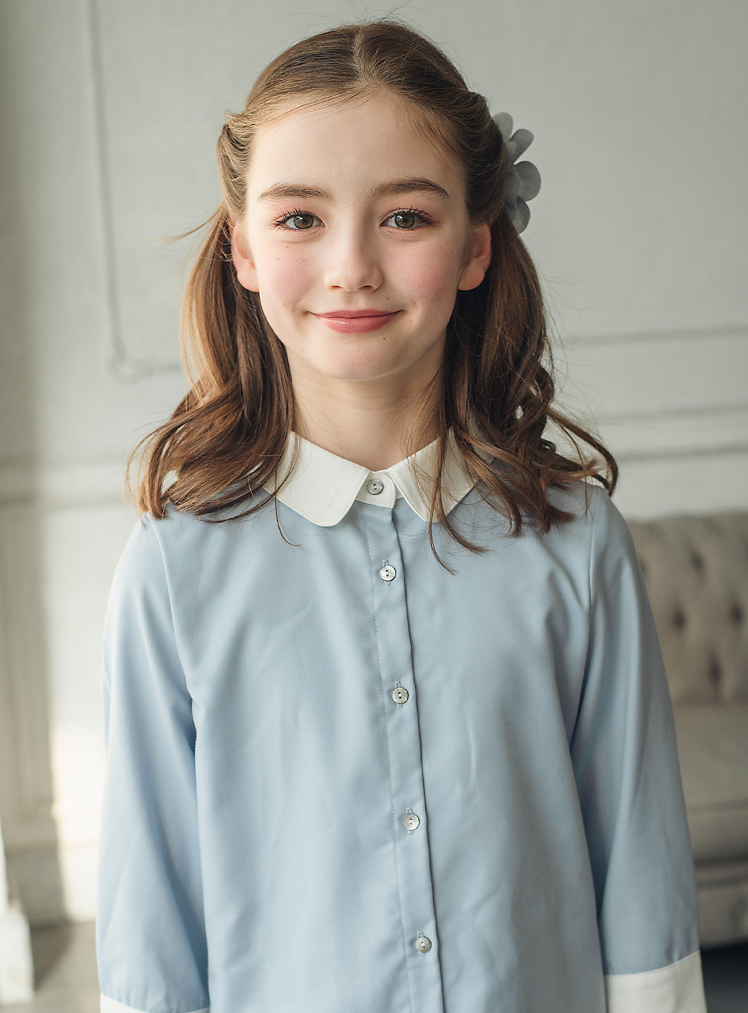 ブルーグレープリーツシャツワンピース