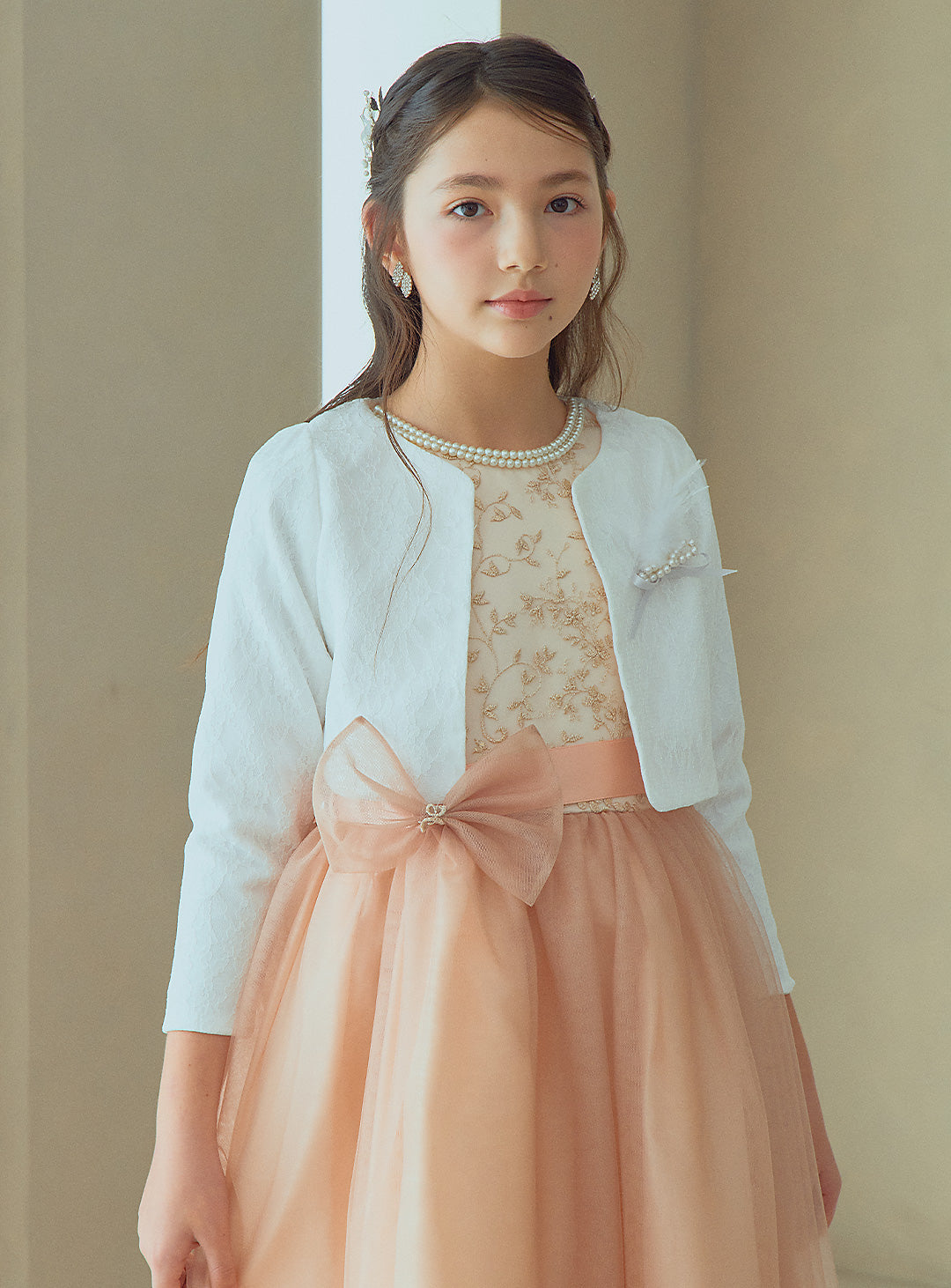 D-SU-175-ツーラインパールピンクベージュロングドレス
