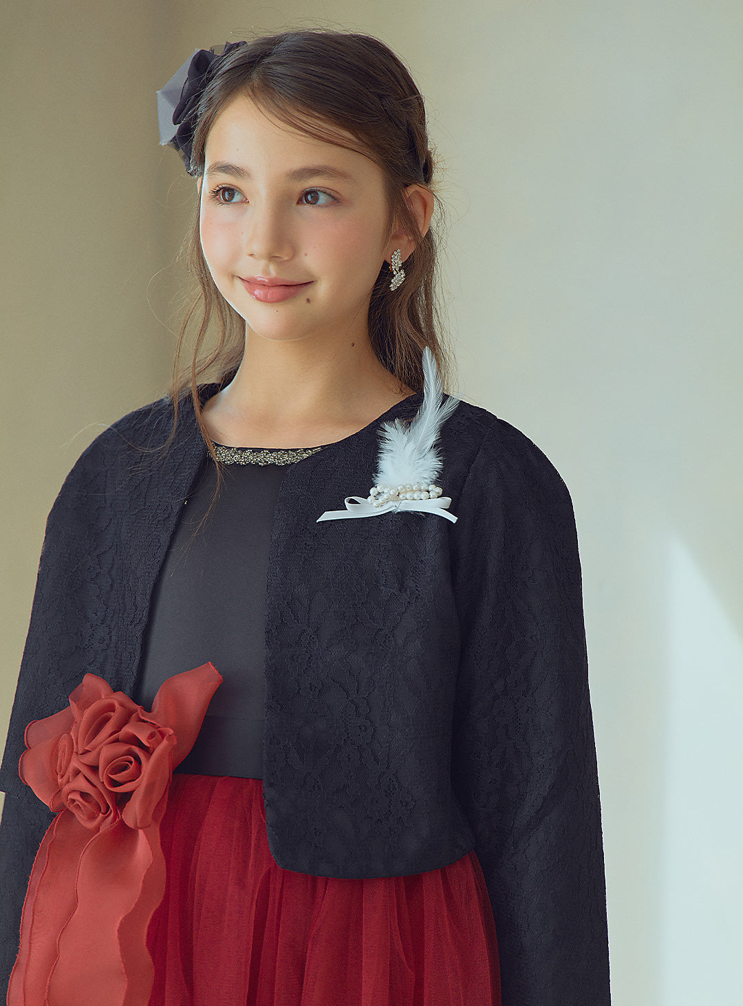 ブラックxレッドローズコサージュロングドレス