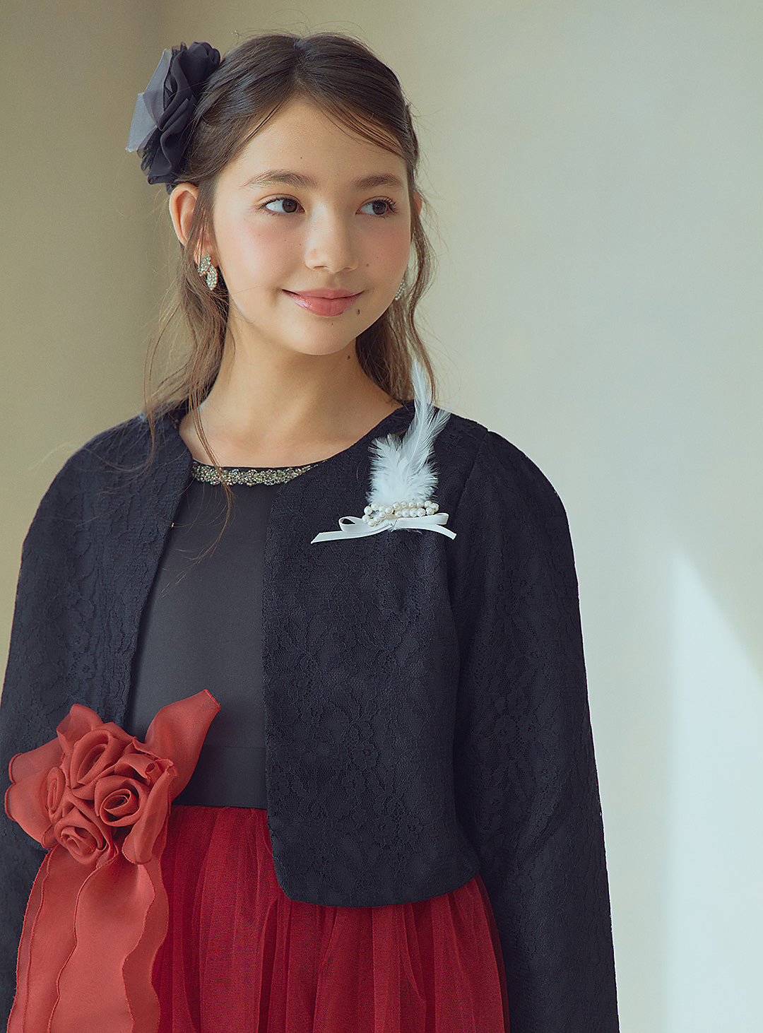 ブラックxレッドローズコサージュロングドレス