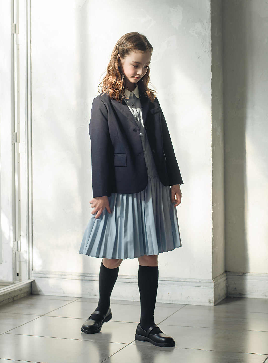 ブルーグレープリーツシャツワンピース