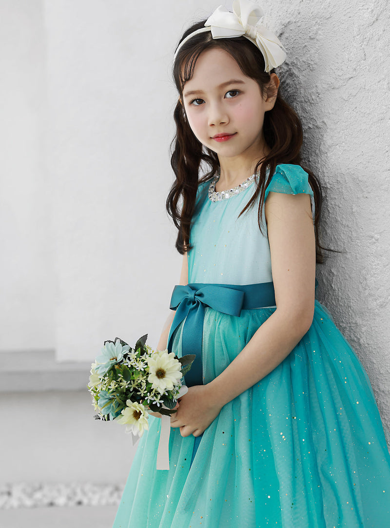 子供ドレス発表会・結婚式・おしゃれなDRESCCOのピーコックブルービジューストーンドレスの画像1の画像7