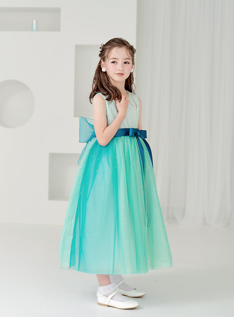 子供ドレス発表会・結婚式・おしゃれなDRESCCOのピーコックブルービジューストーンロングドレスの画像1の画像1