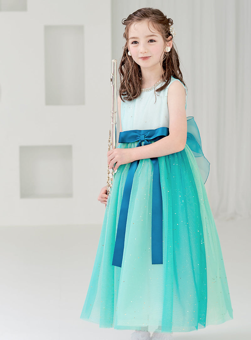 子供ドレス発表会・結婚式・おしゃれなDRESCCOのピーコックブルービジューストーンロングドレスの画像1の画像12