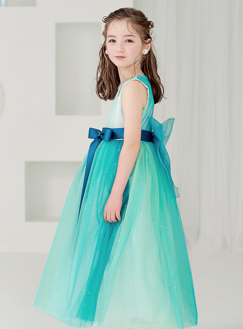 子供ドレス発表会・結婚式・おしゃれなDRESCCOのピーコックブルービジューストーンロングドレスの画像1の画像16