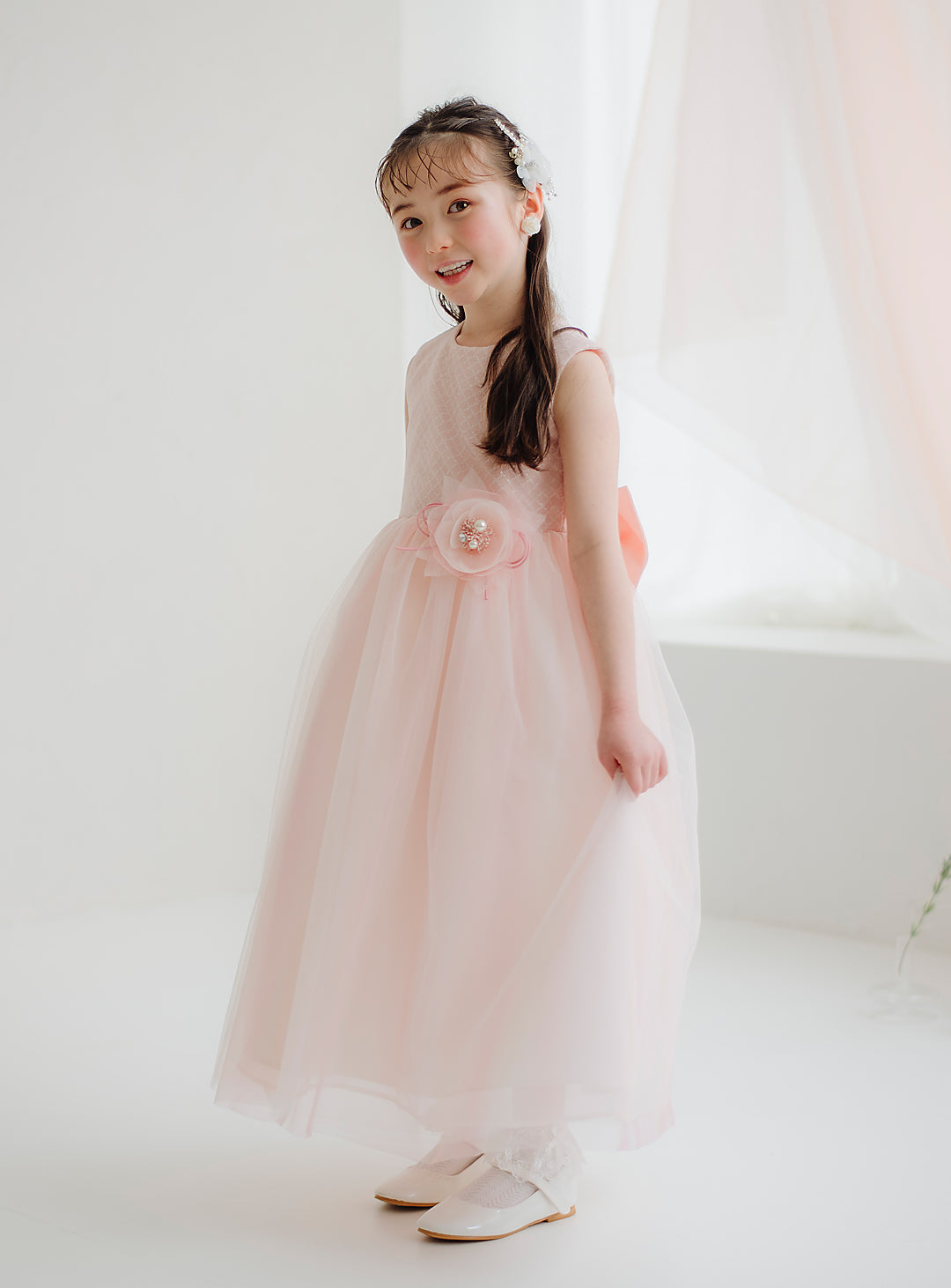 176-Peach Pink Bias Check Sequined Long Dress