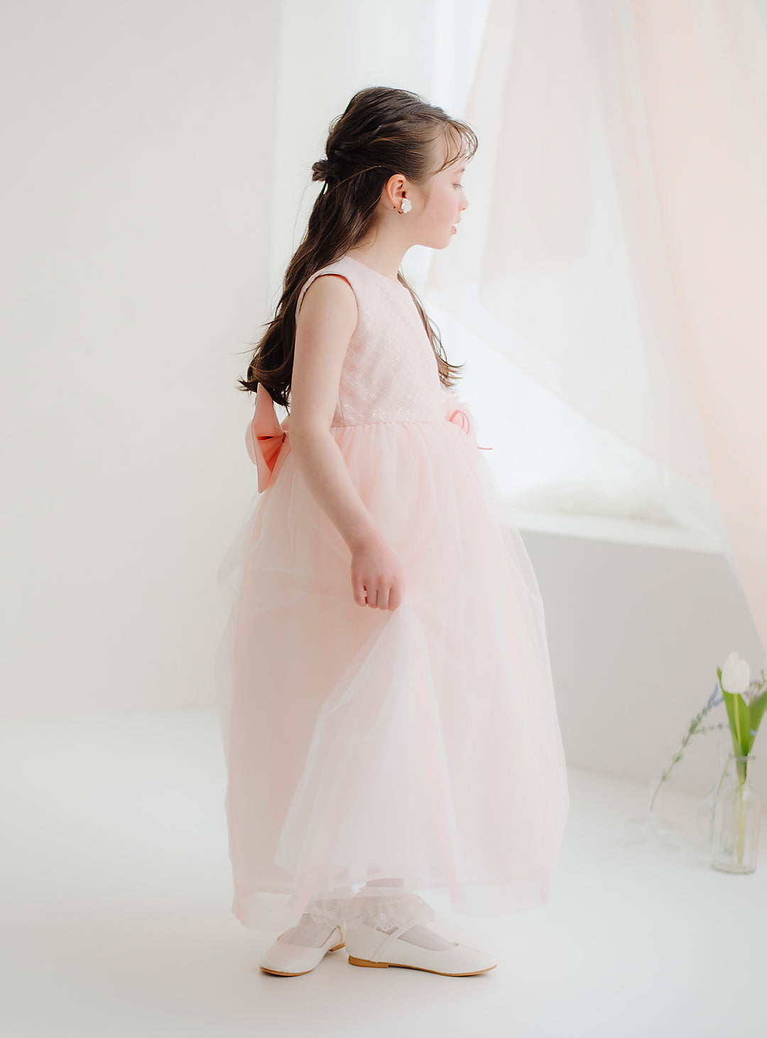 176-Peach Pink Bias Check Sequined Long Dress