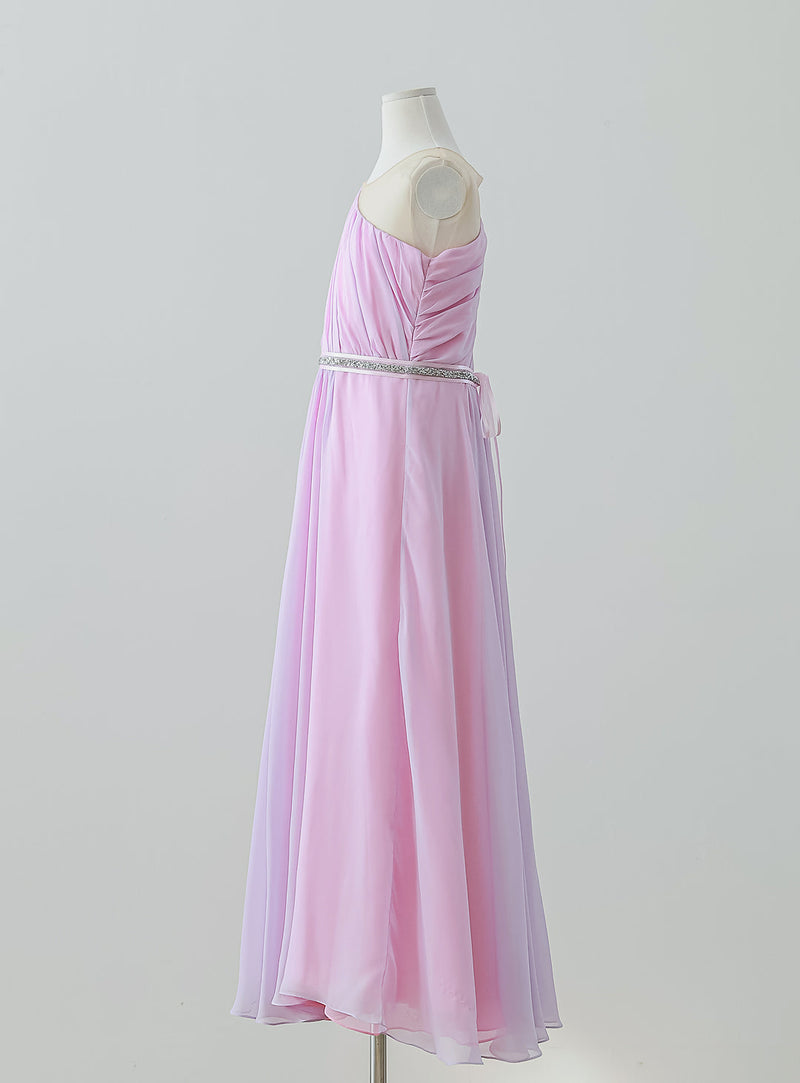 粉色和淡紫色雪纺单肩长裙