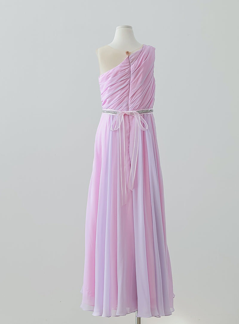 ピンク×ライラックシフォンワンショルダーロングドレス