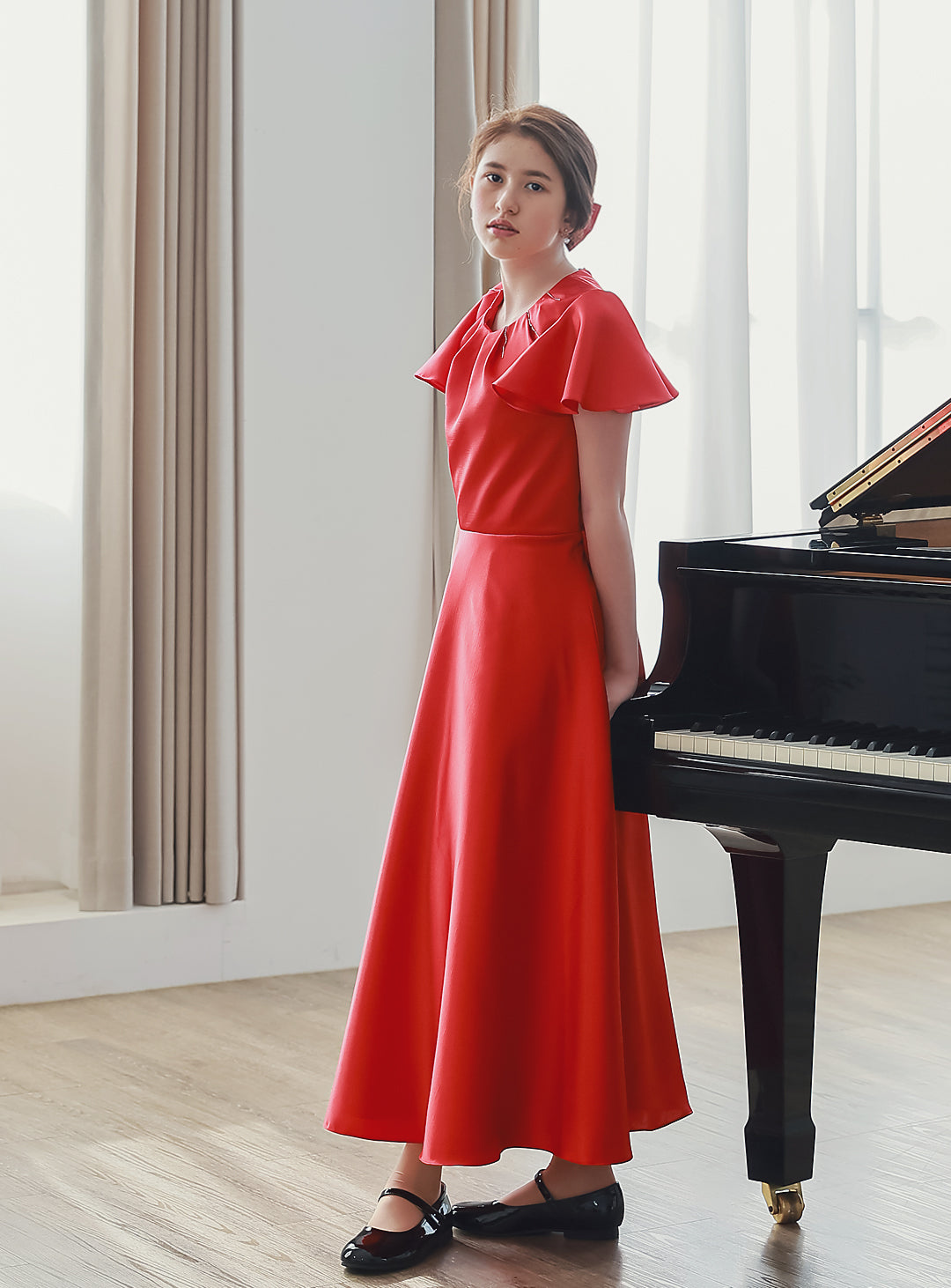 Flared Sleeveless Mikado Satin Red Dress