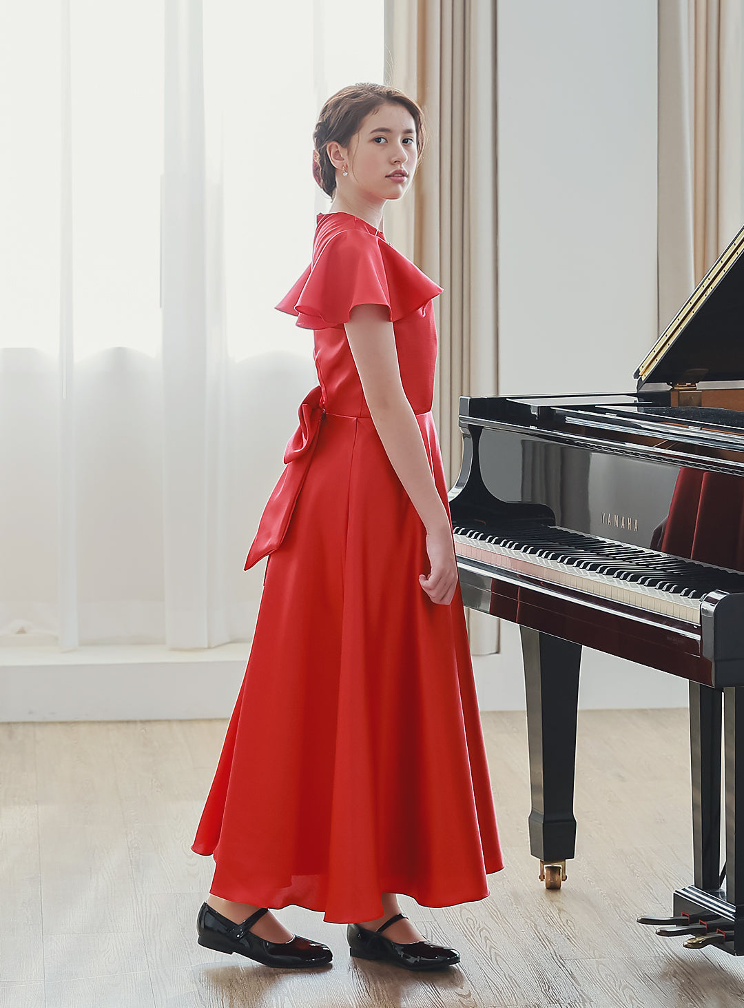 Flared Sleeveless Mikado Satin Red Dress