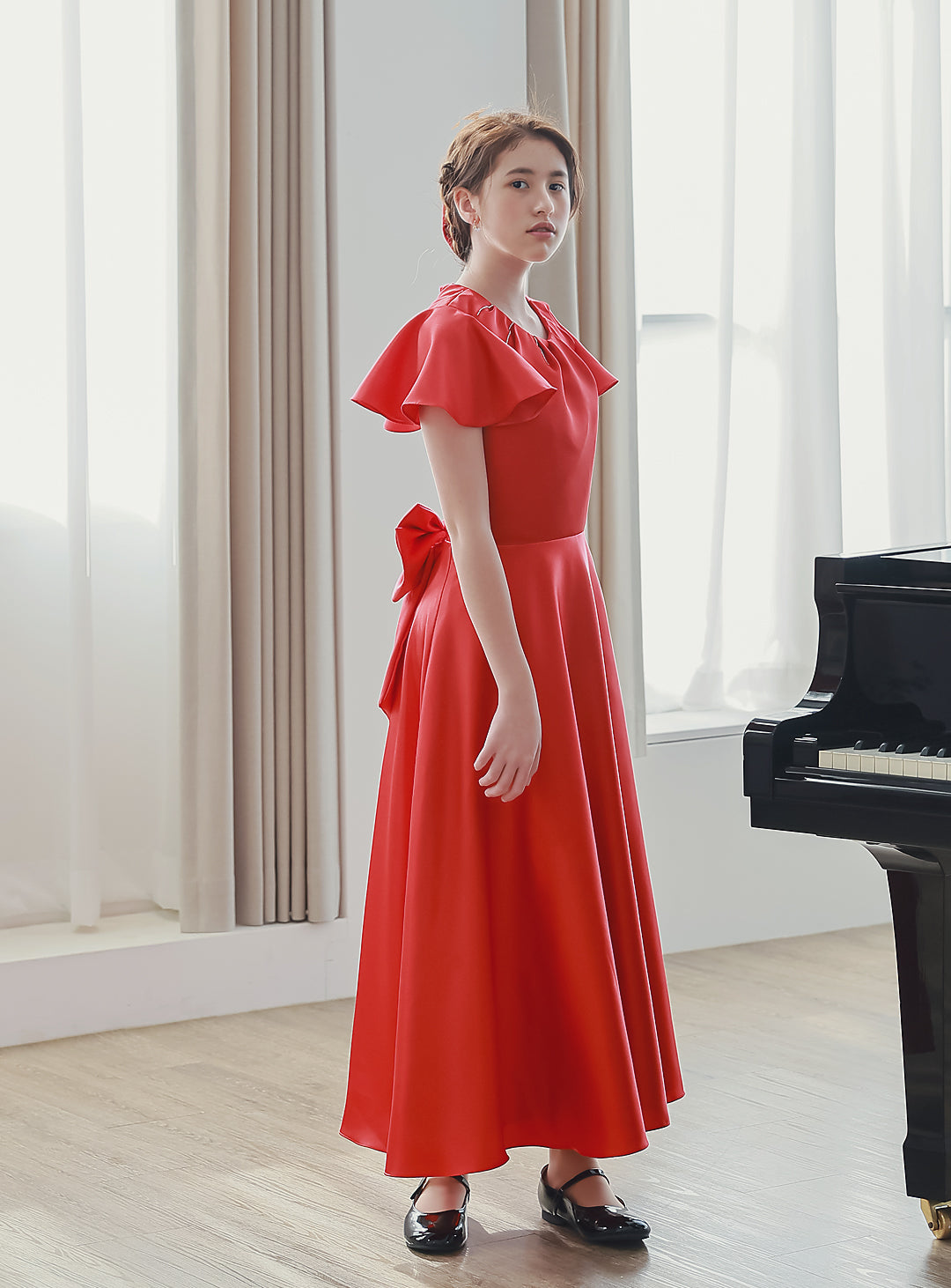 Flared Sleeveless Mikado Satin Red Dress