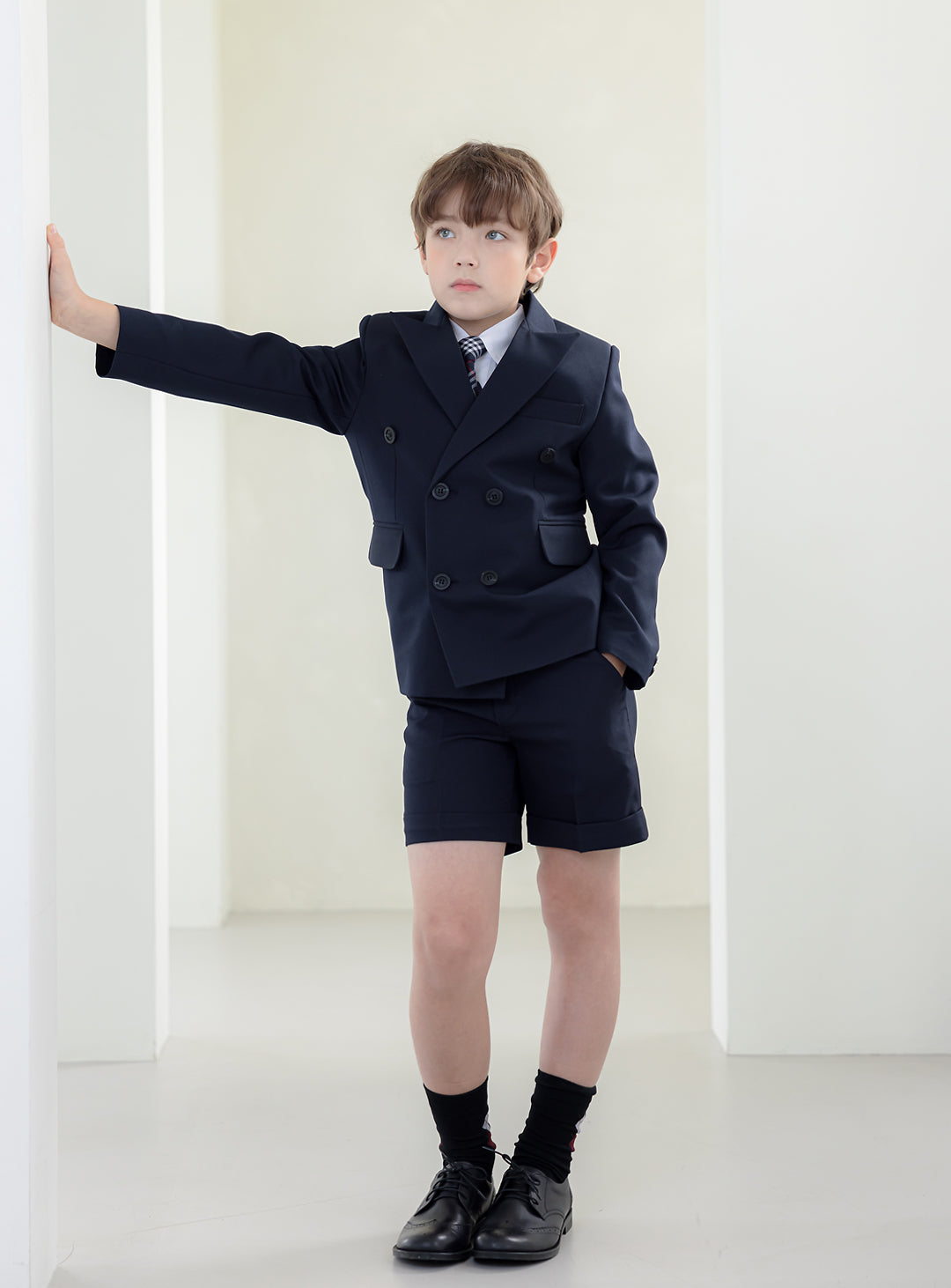 Leo Navy Double Breasted 3 Piece Short Trouser Suit Set (Jacket, Vest, Short Trousers)