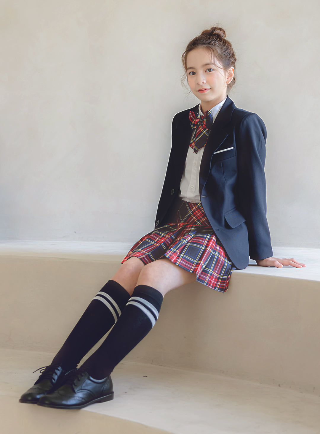 Charlotte Navy Single Jacket Tartan Check Skirt 3 Piece Set (Jacket, Skirt, Ribbon Tie)