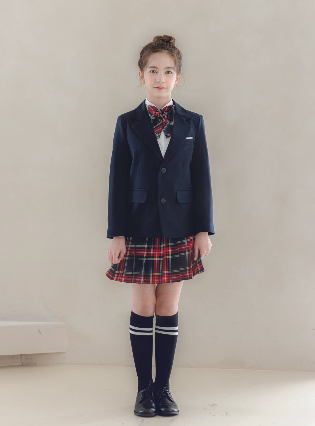 Charlotte Navy Single Jacket Tartan Check Skirt 3 Piece Set (Jacket, Skirt, Ribbon Tie)