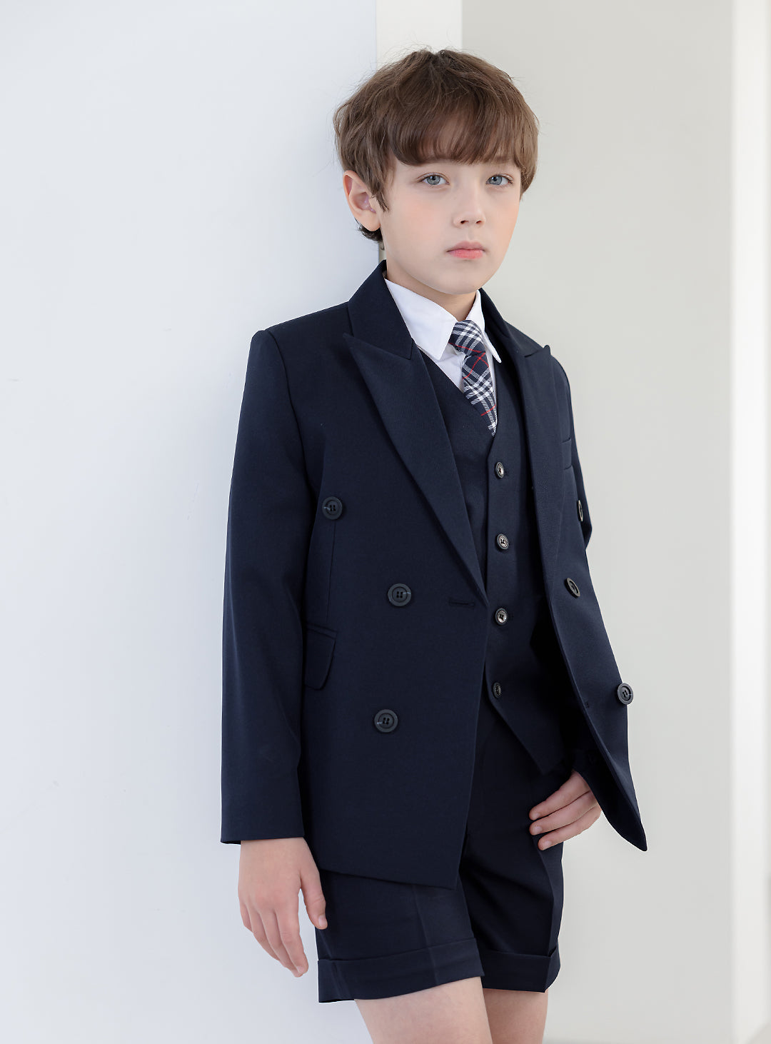 Leo Navy Double Breasted 3 Piece Short Trouser Suit Set (Jacket, Vest, Short Trousers)