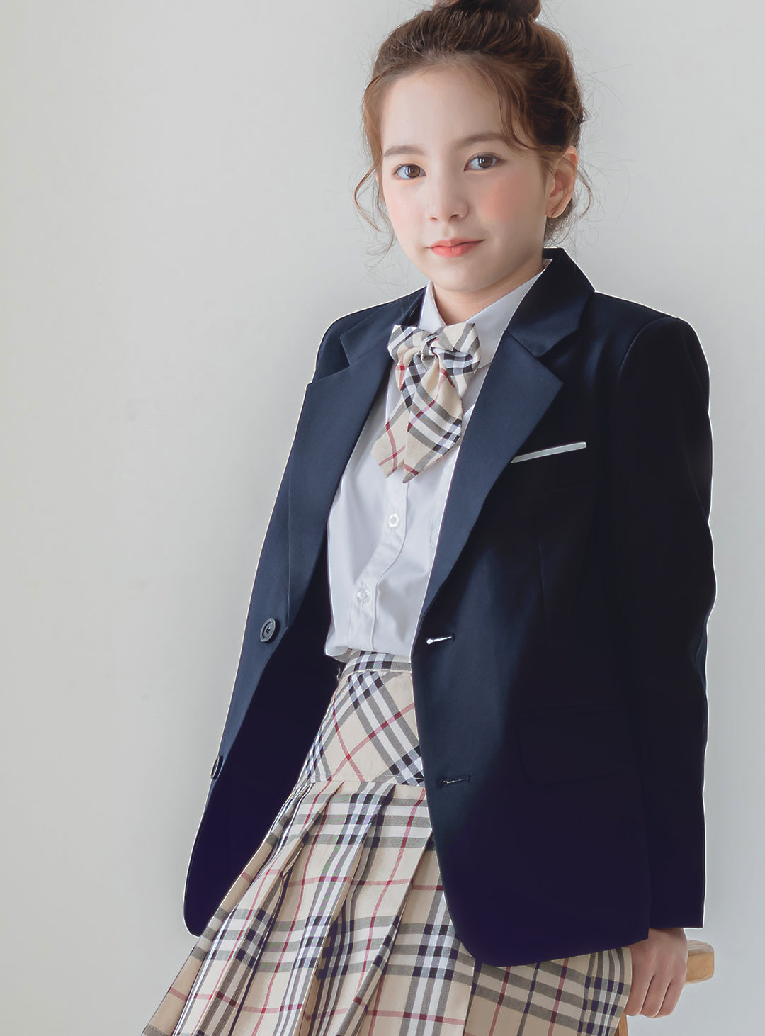 Charlotte Navy Single Jacket Beige Check Skirt 3 Piece Set (Jacket, Skirt, Ribbon Tie)