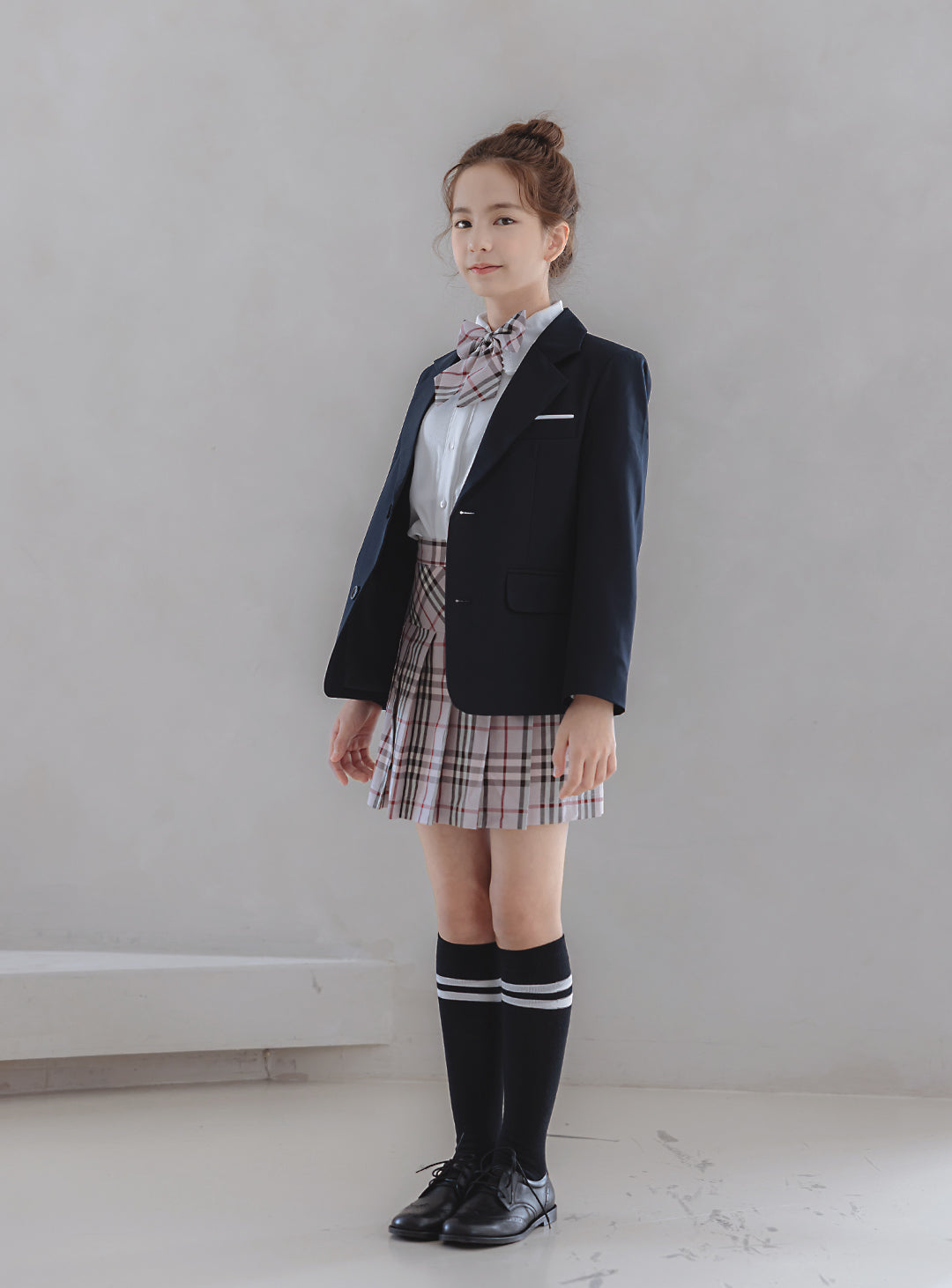 Charlotte Navy Single Jacket Pink Check Skirt 3 Piece Set (Jacket, Skirt, Ribbon Tie)