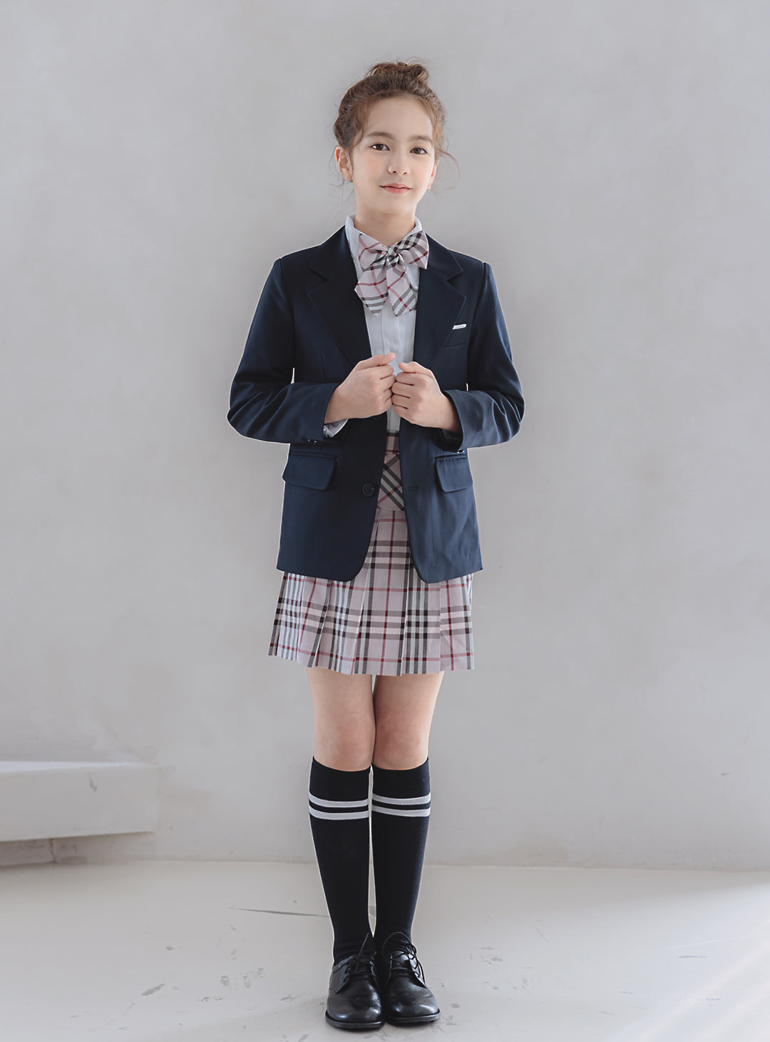 Charlotte Navy Single Jacket Pink Check Skirt 3 Piece Set (Jacket, Skirt, Ribbon Tie)