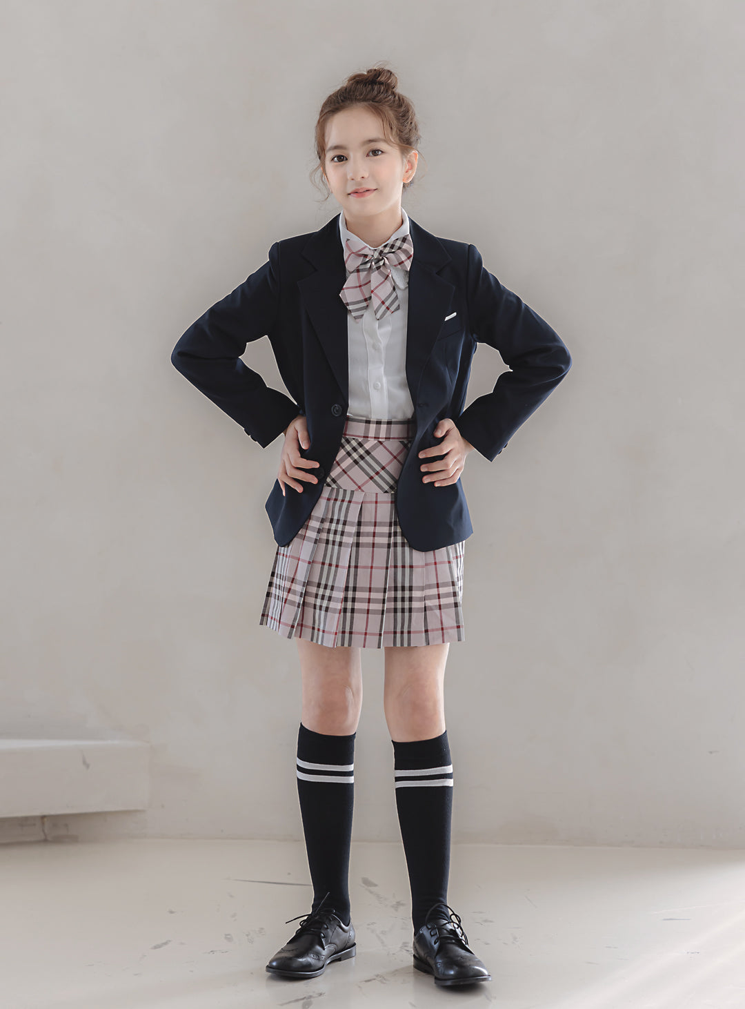 Charlotte Navy Single Jacket Pink Check Skirt 3 Piece Set (Jacket, Skirt, Ribbon Tie)