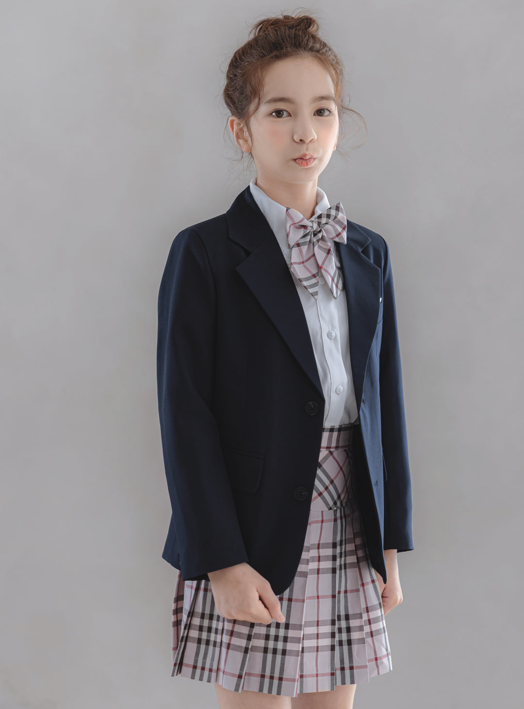 Charlotte Navy Single Jacket Pink Check Skirt 3 Piece Set (Jacket, Skirt, Ribbon Tie)