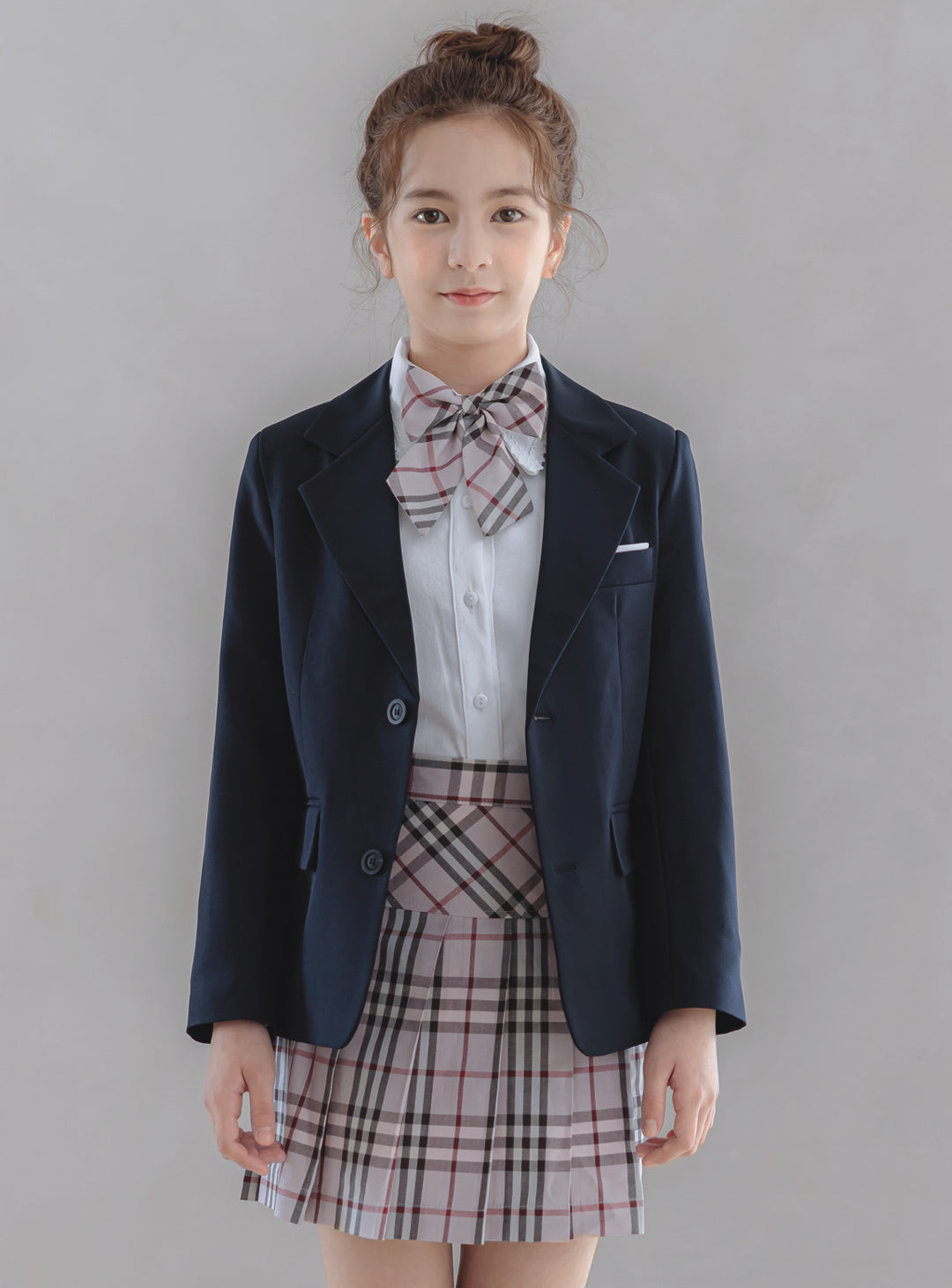 Charlotte Navy Single Jacket Pink Check Skirt 3 Piece Set (Jacket, Skirt, Ribbon Tie)