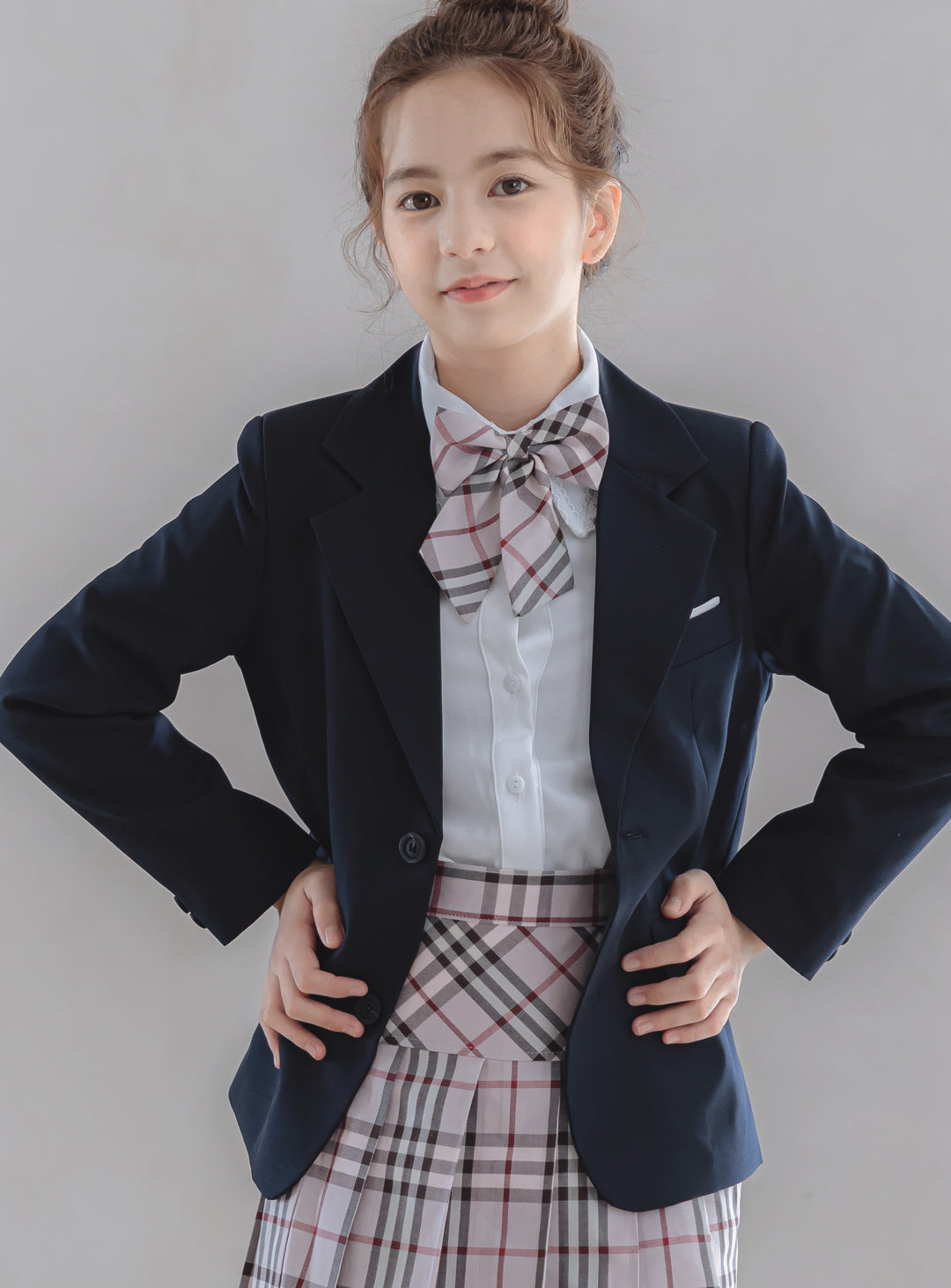 Charlotte Navy Single Jacket Pink Check Skirt 3 Piece Set (Jacket, Skirt, Ribbon Tie)