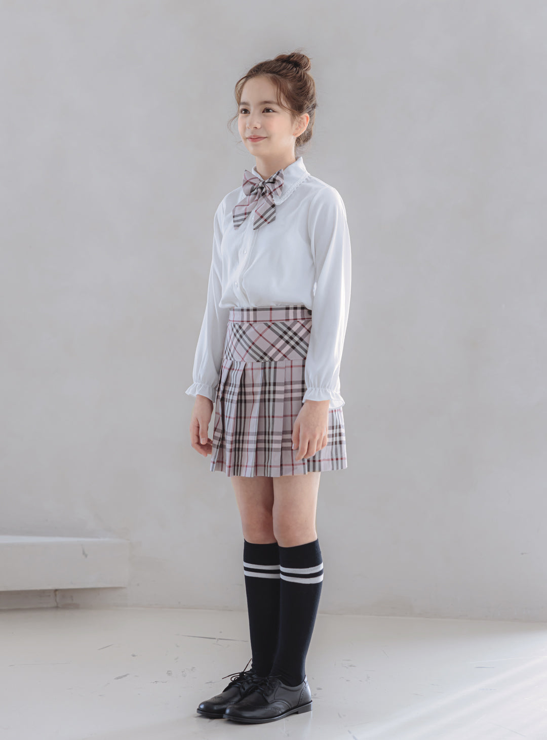 Charlotte Navy Single Jacket Pink Check Skirt 3 Piece Set (Jacket, Skirt, Ribbon Tie)