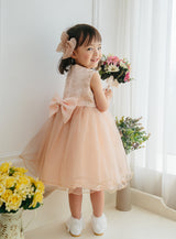 子供ドレス発表会・結婚式・おしゃれなDRESCCOのD-SU-175-ツーラインパールピンクベージュドレスの画像1