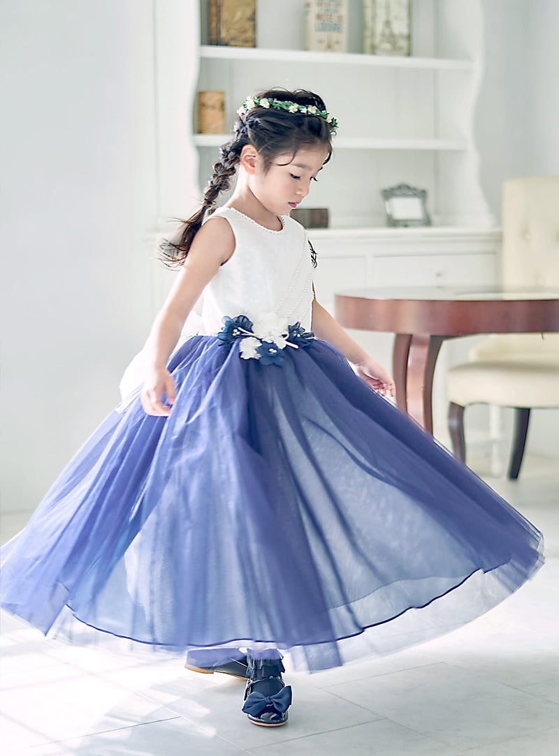子供ドレス発表会・結婚式・おしゃれなDRESCCOのホワイトブルーパープルジュエリーロングドレスの画像4