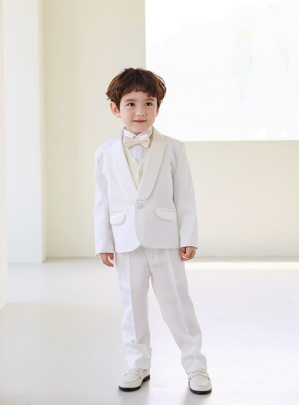Basic White Tuxedo Ivory Vest 4 Piece Set (Tuxedo Top and Bottom + Vest + Tie)