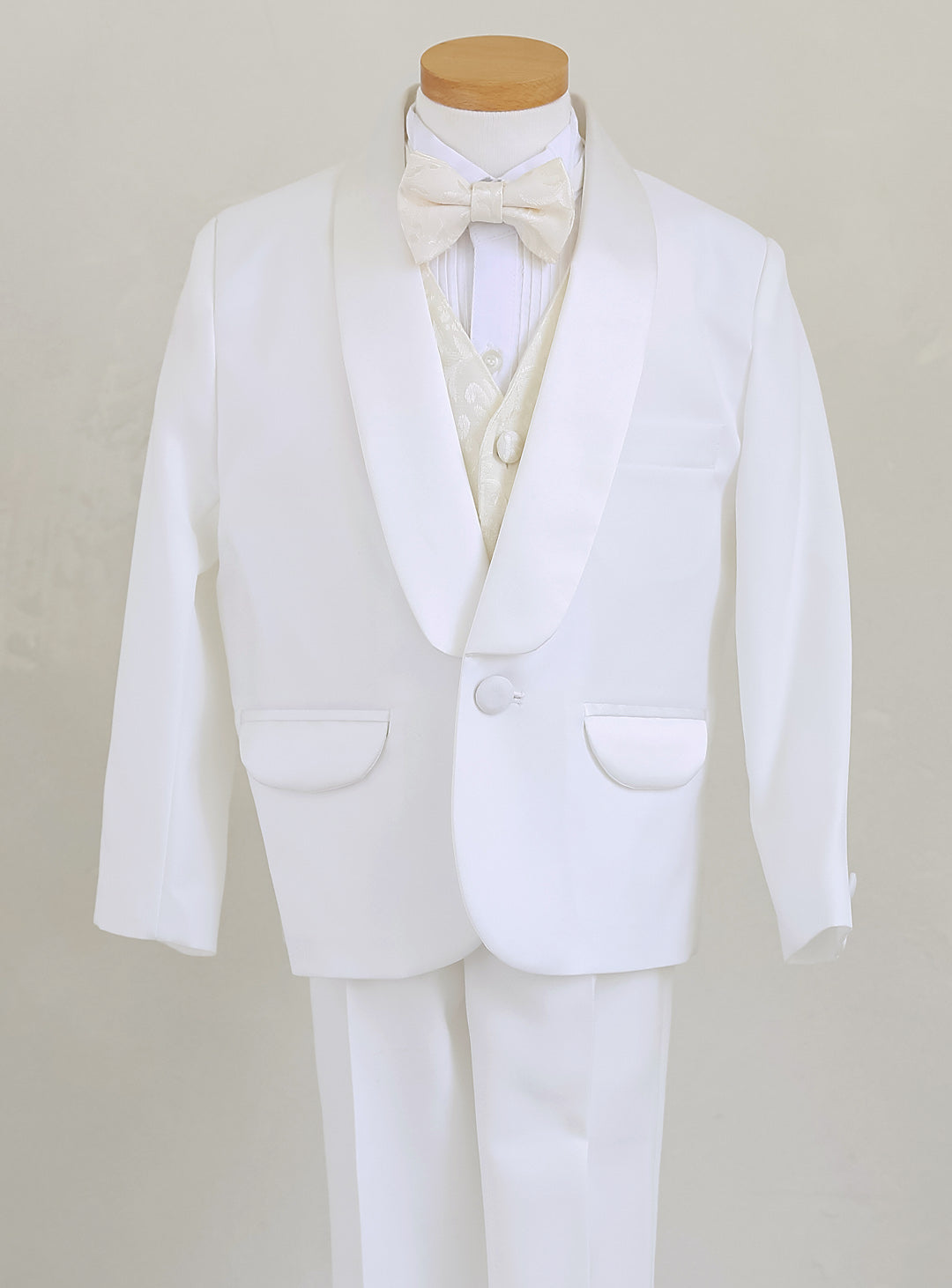 Basic White Tuxedo Ivory Vest 4 Piece Set (Tuxedo Top and Bottom + Vest + Tie)