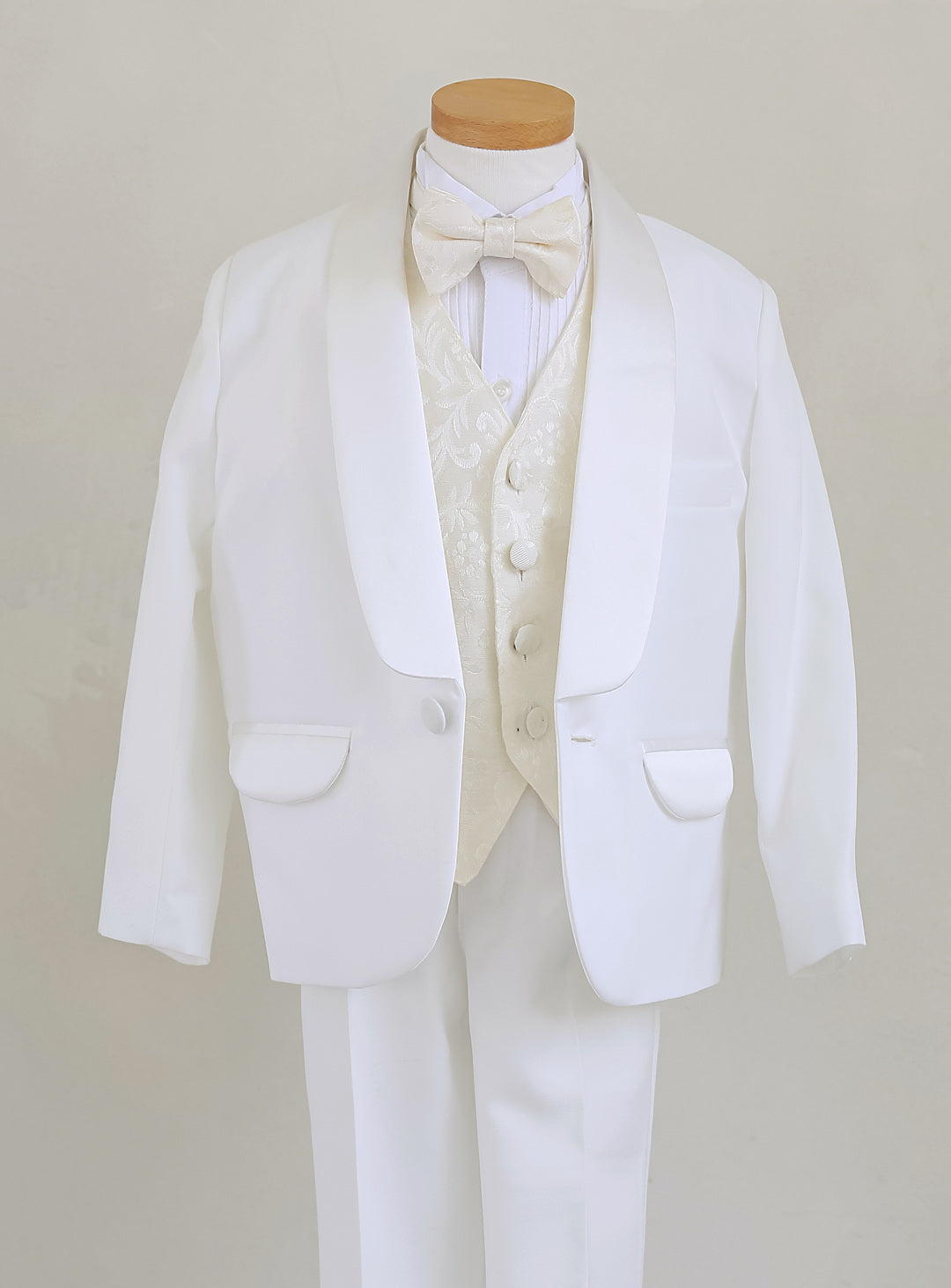 Basic White Tuxedo Ivory Vest 4 Piece Set (Tuxedo Top and Bottom + Vest + Tie)