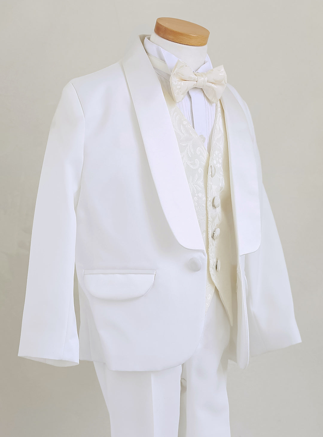 Basic White Tuxedo Ivory Vest 4 Piece Set (Tuxedo Top and Bottom + Vest + Tie)