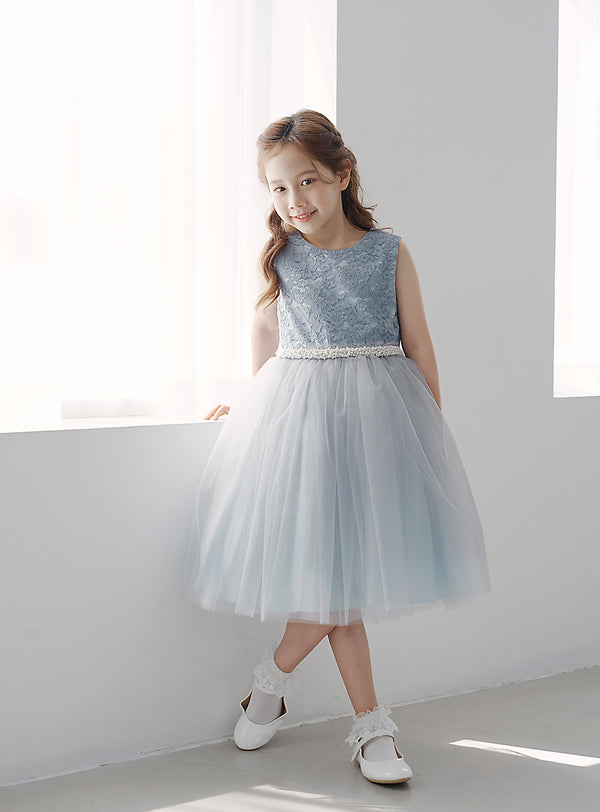子供ドレス発表会・結婚式・おしゃれなDRESCCOのD-SU-217-ブルー×グレー刺繍ドレスの画像1