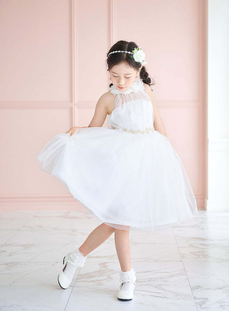 子供ドレス発表会・結婚式・おしゃれなDRESCCOのホワイトシフォンフラワーホルターネックドレスの画像2