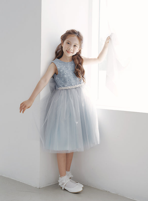 子供ドレス発表会・結婚式・おしゃれなDRESCCOのD-SU-217-ブルー×グレー刺繍ドレスの画像2