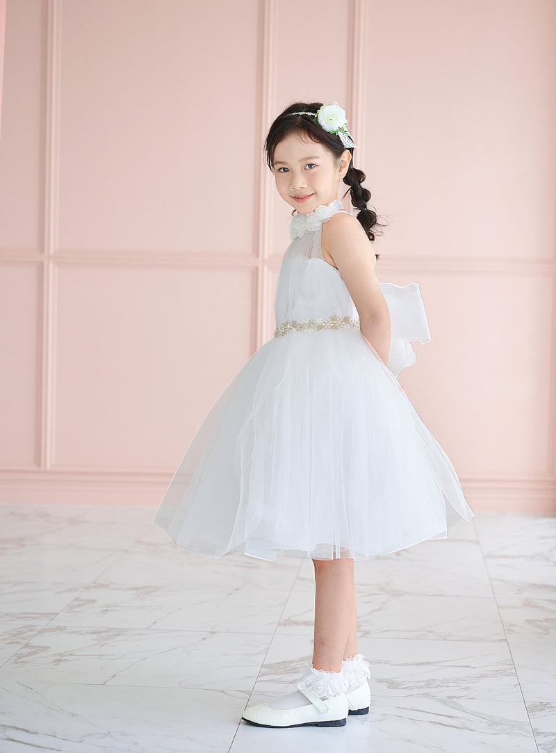 子供ドレス発表会・結婚式・おしゃれなDRESCCOのホワイトシフォンフラワーホルターネックドレスの画像3
