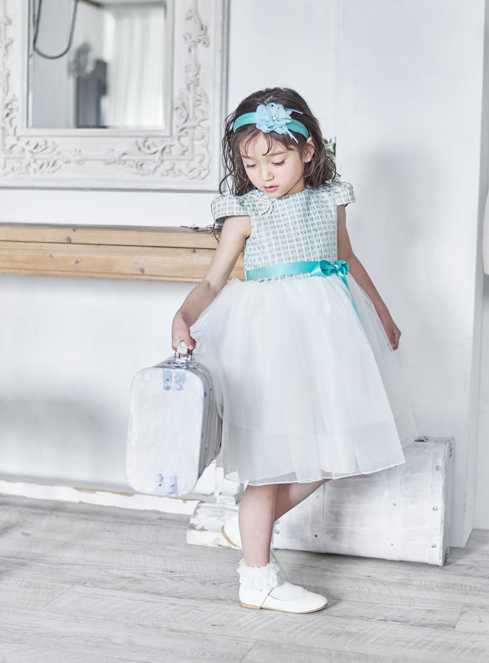 子供ドレス発表会・結婚式・おしゃれなDRESCCOのミントグリーンツイードパフスリーブベルダンディドレスの画像4