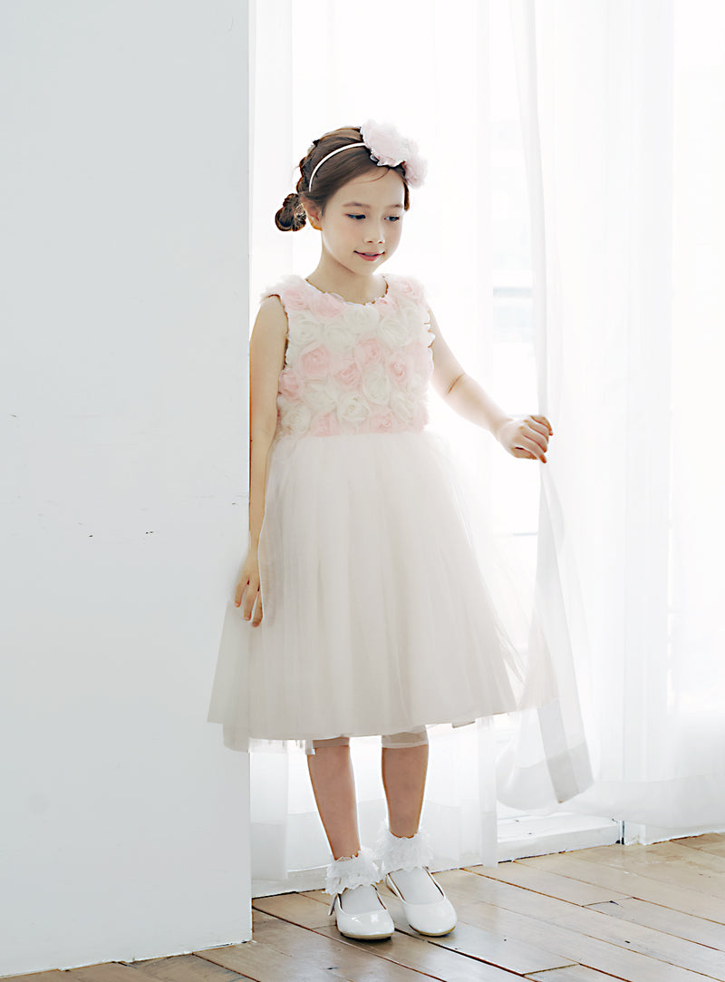 子供ドレス発表会・結婚式・おしゃれなDRESCCOのD-SU-226-アイボリーピンクシフォンローズドレスの画像5