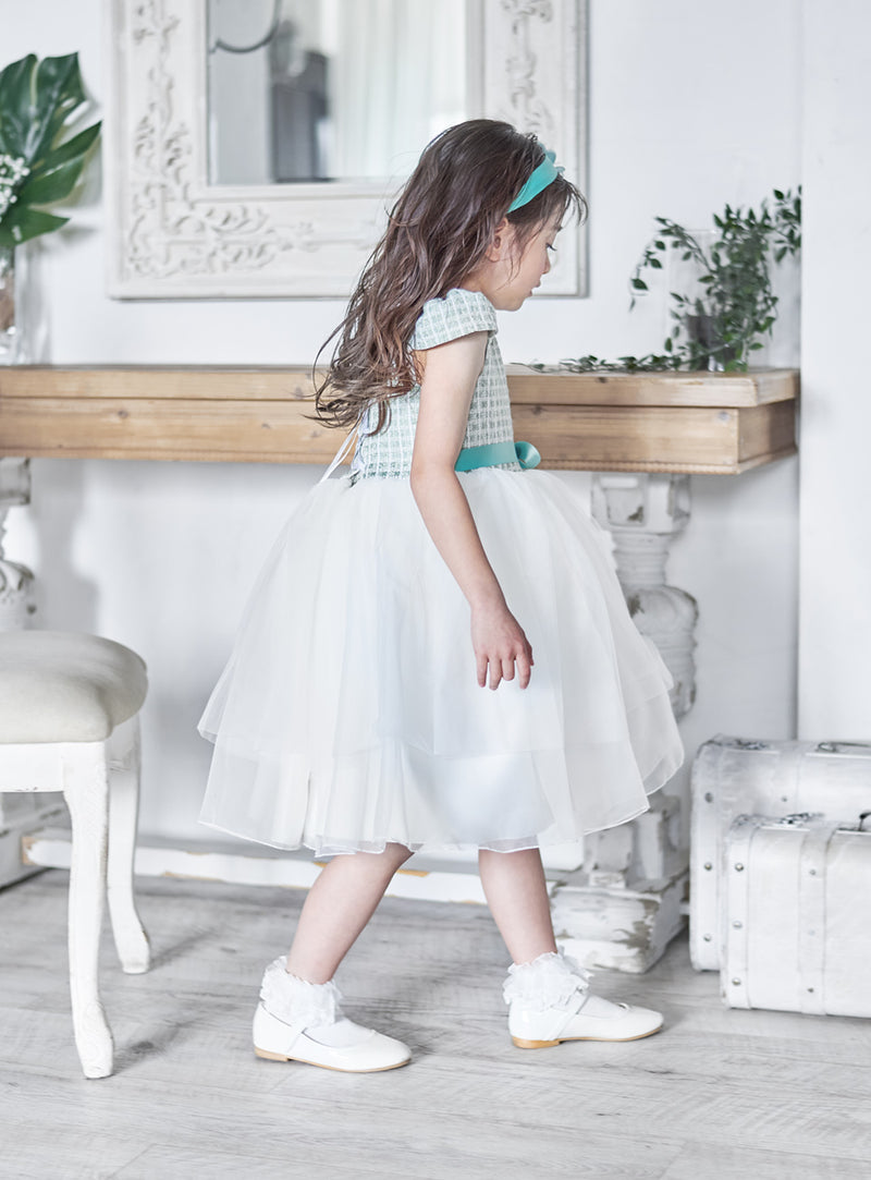 子供ドレス発表会・結婚式・おしゃれなDRESCCOのミントグリーンツイードパフスリーブベルダンディドレスの画像5