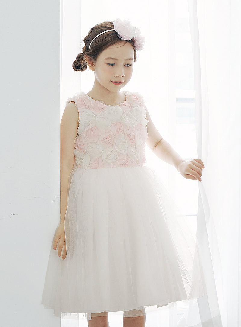 子供ドレス発表会・結婚式・おしゃれなDRESCCOのD-SU-226-アイボリーピンクシフォンローズドレスの画像7