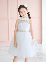 子供ドレス発表会・結婚式・おしゃれなDRESCCOのホワイトシフォンフラワーホルターネックドレスの画像7